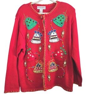 Victoria Harbour Red Christmas Bell Cardigan Sweater Beaded Sequin XL Holiday